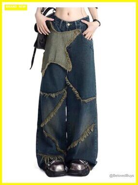Womens Y2k Star Cargo Jeans Baggy Wide Leg Denim Pants